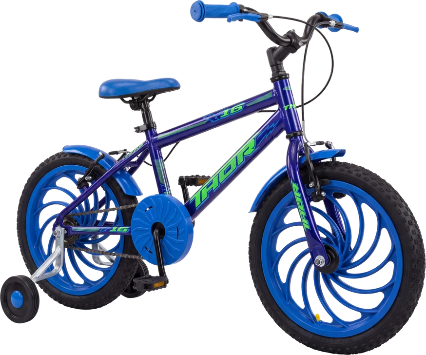 Bicicleta aro 16 azul e verde vista em três quartos frontal