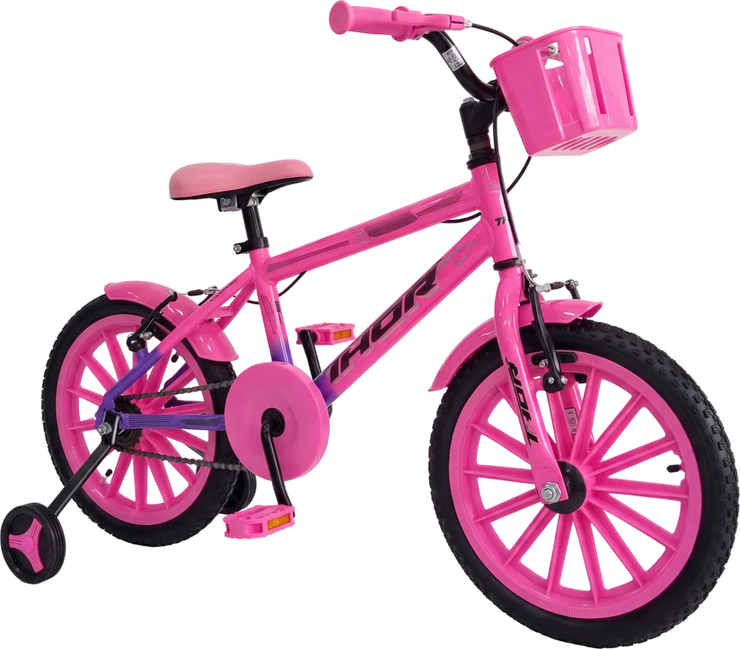 Bicicleta aro 16 rosa vista em três quartos frontal
