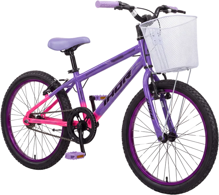Bicicleta aro 20 roxa e rosa vista em três quartos frontal