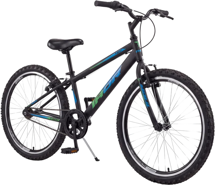 Bicicleta aro 24 preta vista em três quartos frontal
