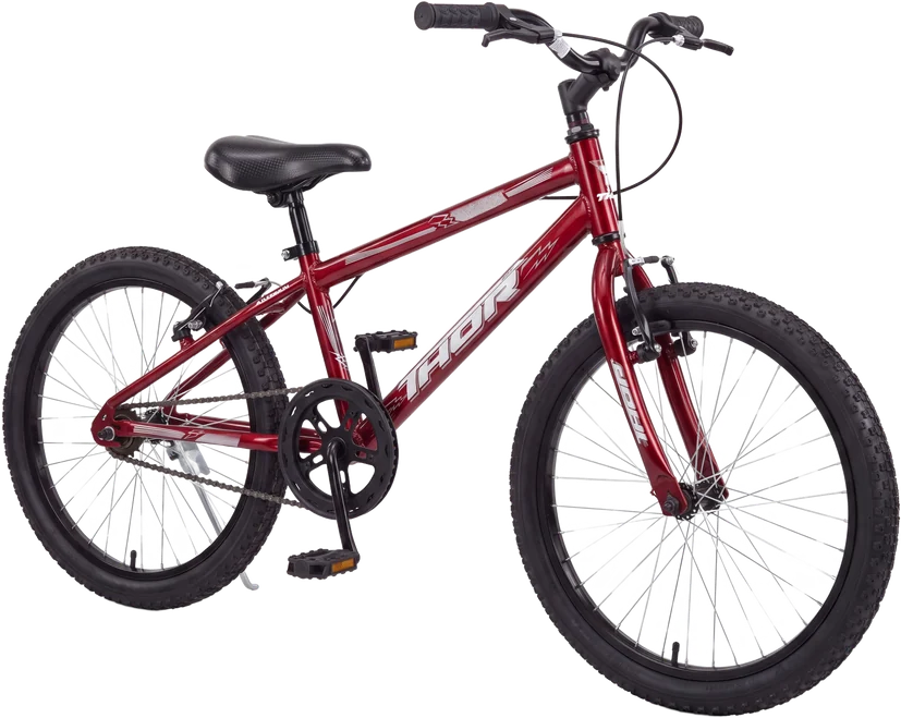 Bicicleta aro 20 vermelha vista em três quartos frontal
