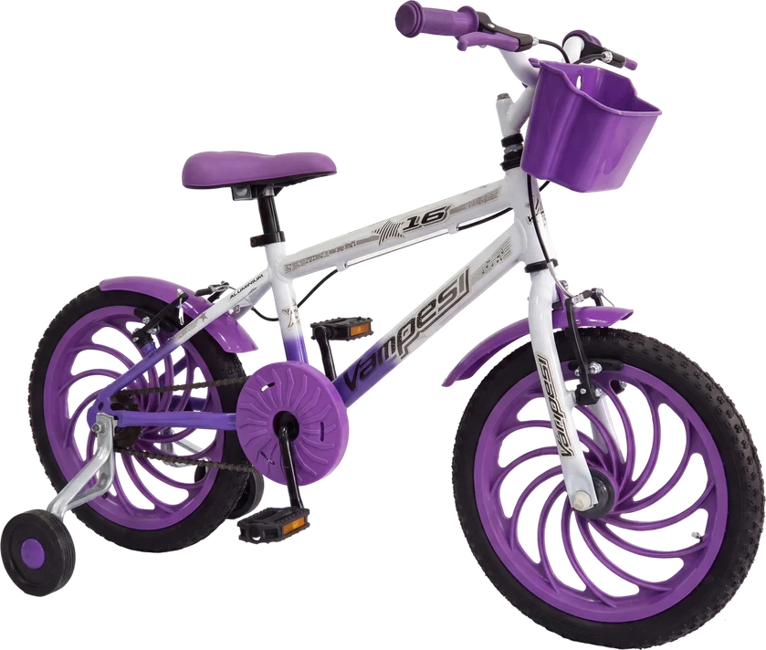Bicicleta aro 16 roxa e branca vista em três quartos frontal