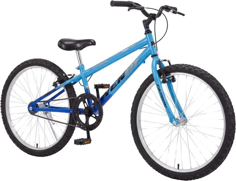 Bicicleta aro 24 azul vista em três quartos frontal