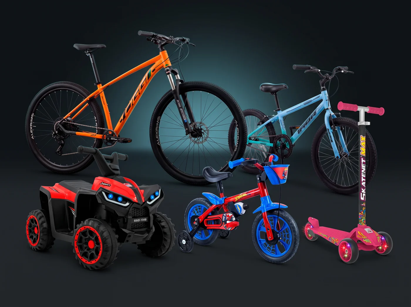 Bicicleta aro 29 Oggi, bicicleta aro 20, bicicleta infantil aro 12 do Homem-Aranha, quadriciclo elétrico infantil e patinete